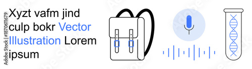 Education, science, biotechnology, research, sound technology, laboratory analysis. Vector image showing a backpack, microphone icon with sound waves and a DNA test tube. Education and science