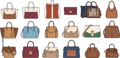 Large vector set of stylish women's handbags featuring leather totes crossbody bags satchels and clutch purses in a modern flat line art fashion style.