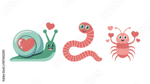 Love Bug's Companions: A charming illustration features a collection of lovable insect friends, including a snail, a worm, and a bug, each joyfully embracing the sentiment of love with heart motifs.