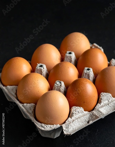 Nine brown eggs in a carton on a dark background, top view