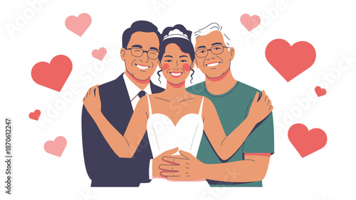 Wedding day of woman : A tender illustration captures the precious moment, as a beaming woman, adorned in her bridal gown.