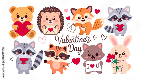 Cute Animals on Valentine's Day: Adorable animal characters joyfully express love and affection. Featuring a charming collection of animals with hearts and valentine theme.