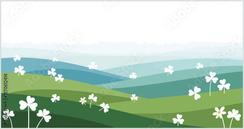 Serene landscape with white flowers blooming in the rolling hills and green fields under a clear sky