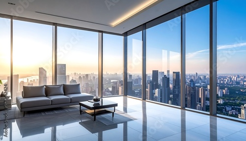 Modern luxury apartment with panoramic city view at sunrise