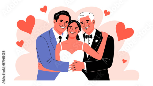 Love's Embrace: A radiant couple stands united, embraced in a heartfelt hug, against a backdrop of tender hearts, capturing the joy and unity of love.