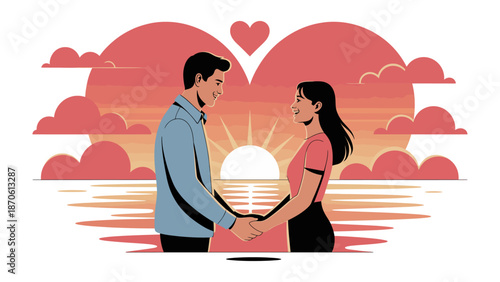Eternal Devotion: A couple gazes lovingly at each other, hand in hand, set against a romantic sunset backdrop, depicting enduring love.