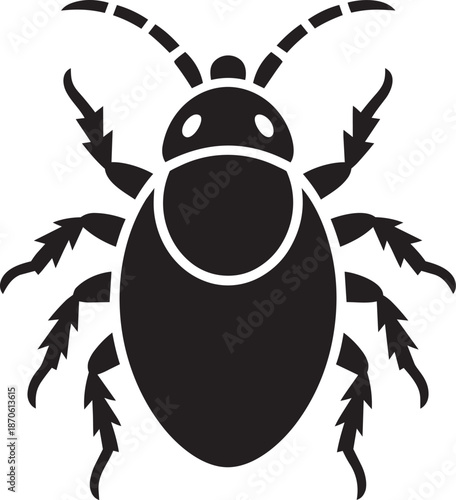 Simple black graphic icon representing a hard shelled parasitic tick isolated on transparent