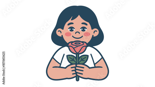 Blooming Love: A young girl gazes lovingly at a vibrant red rose, capturing the innocent joy and connection with nature.