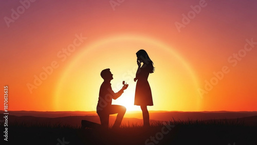Man Proposing to Woman at Sunset with Ring, Silhouette, Romantic Gesture and Outdoor, Love, Happiness