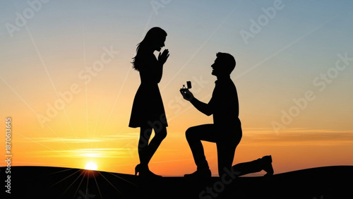 Man Proposing to Woman on One Knee at Sunset Silhouette