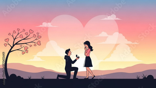 Man Proposing to Woman with Ring in Romantic Sunset Landscape
