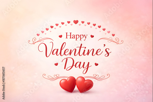 Red hearts and Valentine's Day text on pink background with decorative cursive text