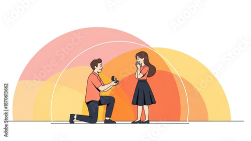 Man Proposing to Woman on One Knee with Ring in Hand, Cartoon Style
