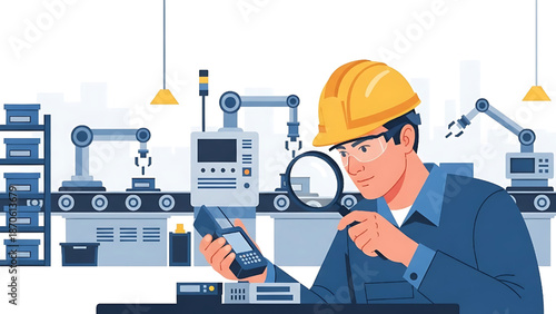 Industrial engineer inspecting electronic device for quality control with magnifying glass in automated manufacturing facility, ensuring precision