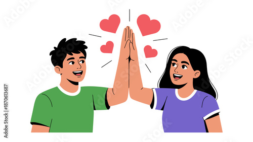 Connection of Hearts: A cheerful pair, engaged in a high-five, with a collection of hearts floating above, expressing friendship and shared elation.