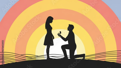 Man Proposing to Woman on One Knee during Sunset Silhouette