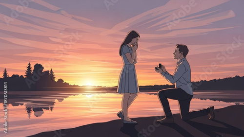 Man Proposing to Woman on Beach at Sunset, Kneeling with Ring