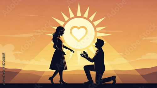 Man Proposing to Woman with Heart Shaped Ring during Sunset
