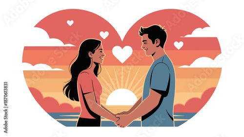 Eternal Bond: A couple is depicted within a heart-shaped frame, holding hands and gazing into each other's eyes during a scenic sunset. This romantic illustration embodies love, unity.