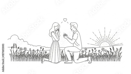 Man Proposing to Woman in Field during Sunset