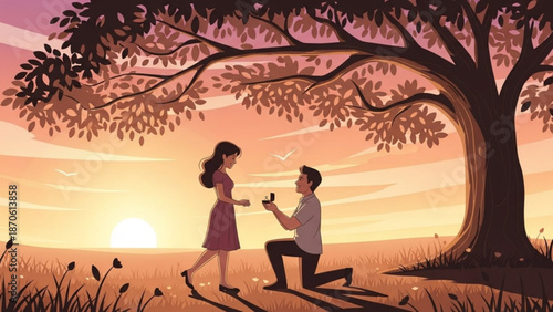 Man Proposing to Woman under Tree at Sunset