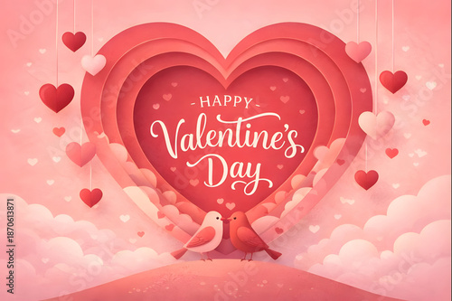 Two Birds Sitting on Clouds with Large Red Heart and Valentine's Day Text pink