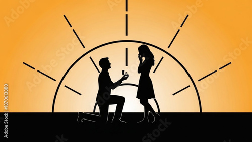 Man Proposing to Woman Silhouetted against Sunset Background