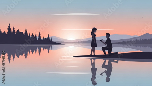 Man Proposing to Woman on Lake Shore at Sunset
