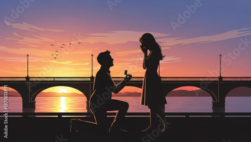 Man Proposing to Woman on Bridge at Sunset