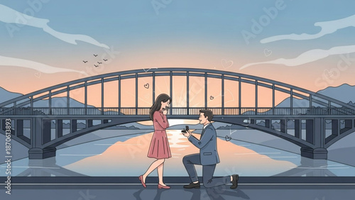 Man Proposing to Woman on Bridge at Sunset