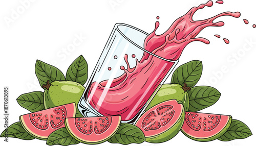 Refreshing pink guava juice splash illustration with whole and sliced fruits, green leaves, organic beverage, tropical drink, healthy lifestyle vector design