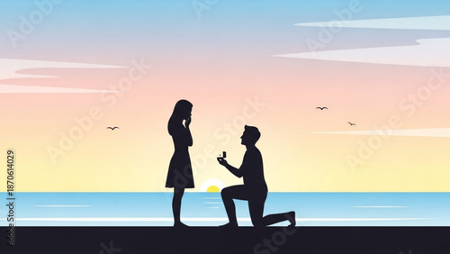 Man Proposing to Woman on Beach at Sunset