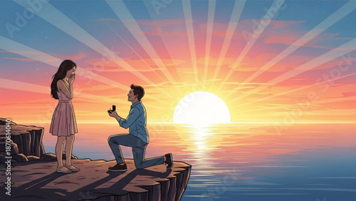 Man Proposing to Woman on Cliff at Sunset