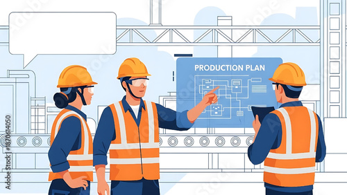 Industrial team collaborates on a detailed production plan, optimizing factory operations and ensuring efficient manufacturing processes in a modern facility