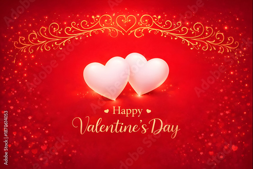 Two White Balloon Hearts on Red Background with Valentine's Day Greeting
