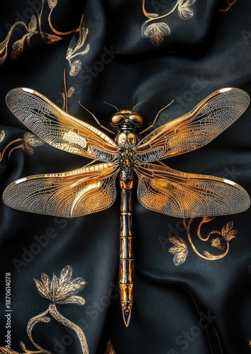 An exquisite macro shot of a meticulously crafted golden dragonfly resting on an opulent satin fabric, exhibiting artistic elegance and delicate details.