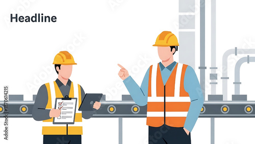 Two workers in hard hats and safety vests on a factory floor, one holding a clipboard and pointing at the other, with industrial machinery in the background