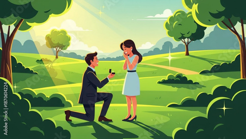 Man Proposing to Woman in Green Field during Sunny Day