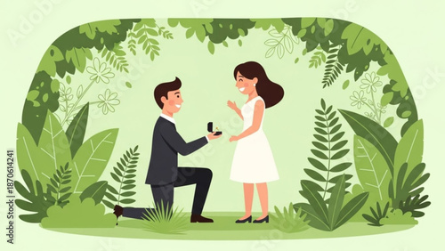 Man Proposing to Woman in Lush Green Forest with Cartoon Style
