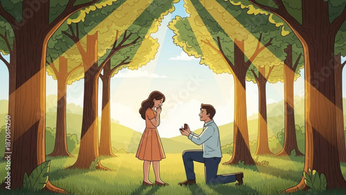 Man Proposing to Woman in Forest during Sunset