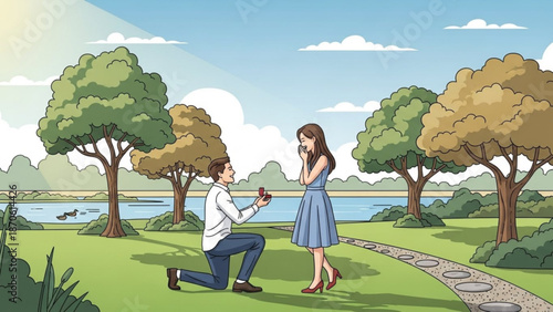 Man Proposing to Woman in Park by Lake during Sunny Day