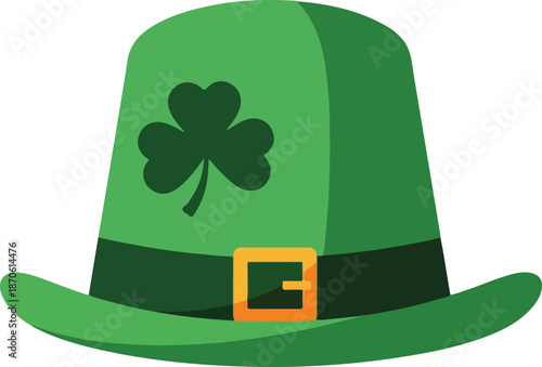 A green leprechaun hat adorned with a shamrock emblem is depicted in a digital illustration