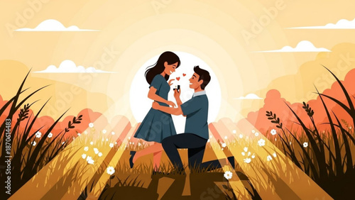 Man Proposing to Woman in Wheat Field during Sunset