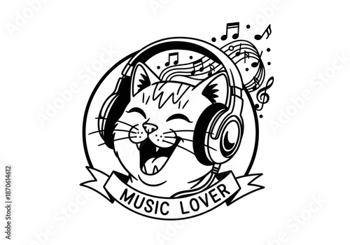 illustration of a joyful cat with headphones, music-themed mascot logo, clipart style