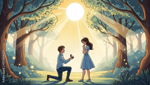 Man Proposing to Woman in Enchanted Forest during Sunset