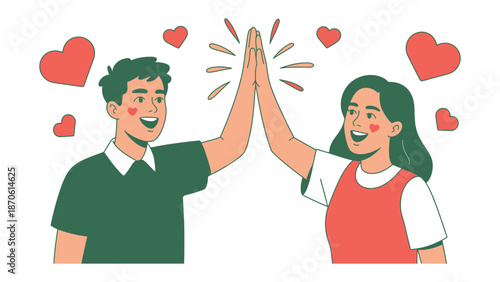 Enthusiastic High-Five Celebration of Love: Depicting a cheerful male and female, sharing a moment of joyful connection with a high-five gesture and hearts surrounding them.