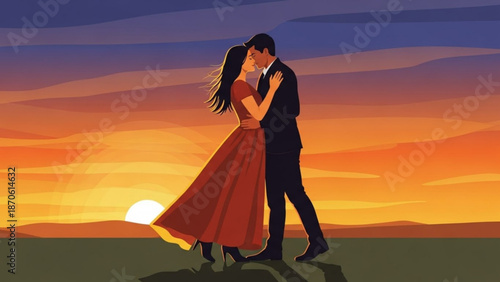 Couple Kissing on Hilltop during Sunset, Romantic Illustration