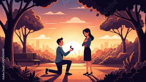 Man Proposing to Woman in Park during Sunset
