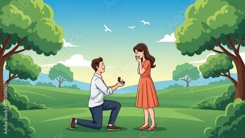 Man Proposing to Woman in Orange Dress Kneeling on One Knee in Green Park during Sunny Day