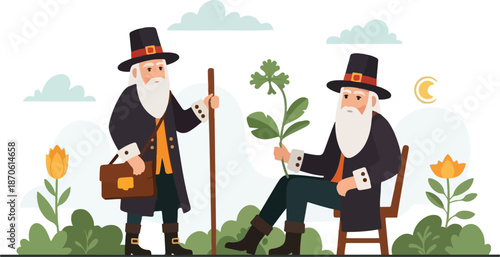 Two elderly men in traditional attire examining a plant in a serene garden at dusk from a slight elevation